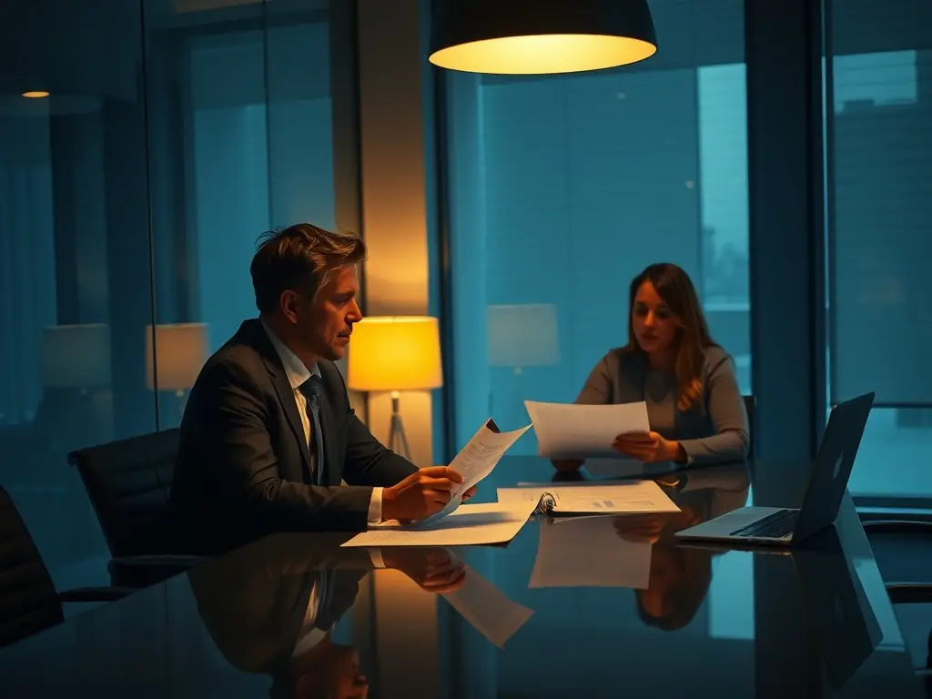 A financial advisor discussing charts and strategies with a client, in a modern conference room.