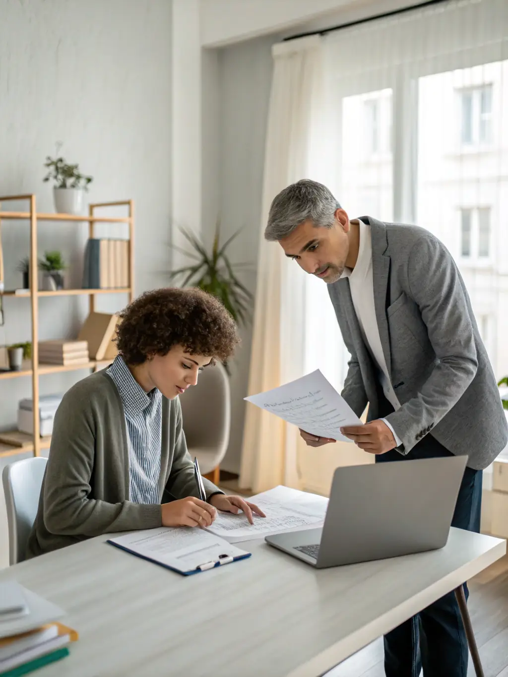 A consultant advising a business owner on financial strategies, representing Ledgerly's financial advisory services.