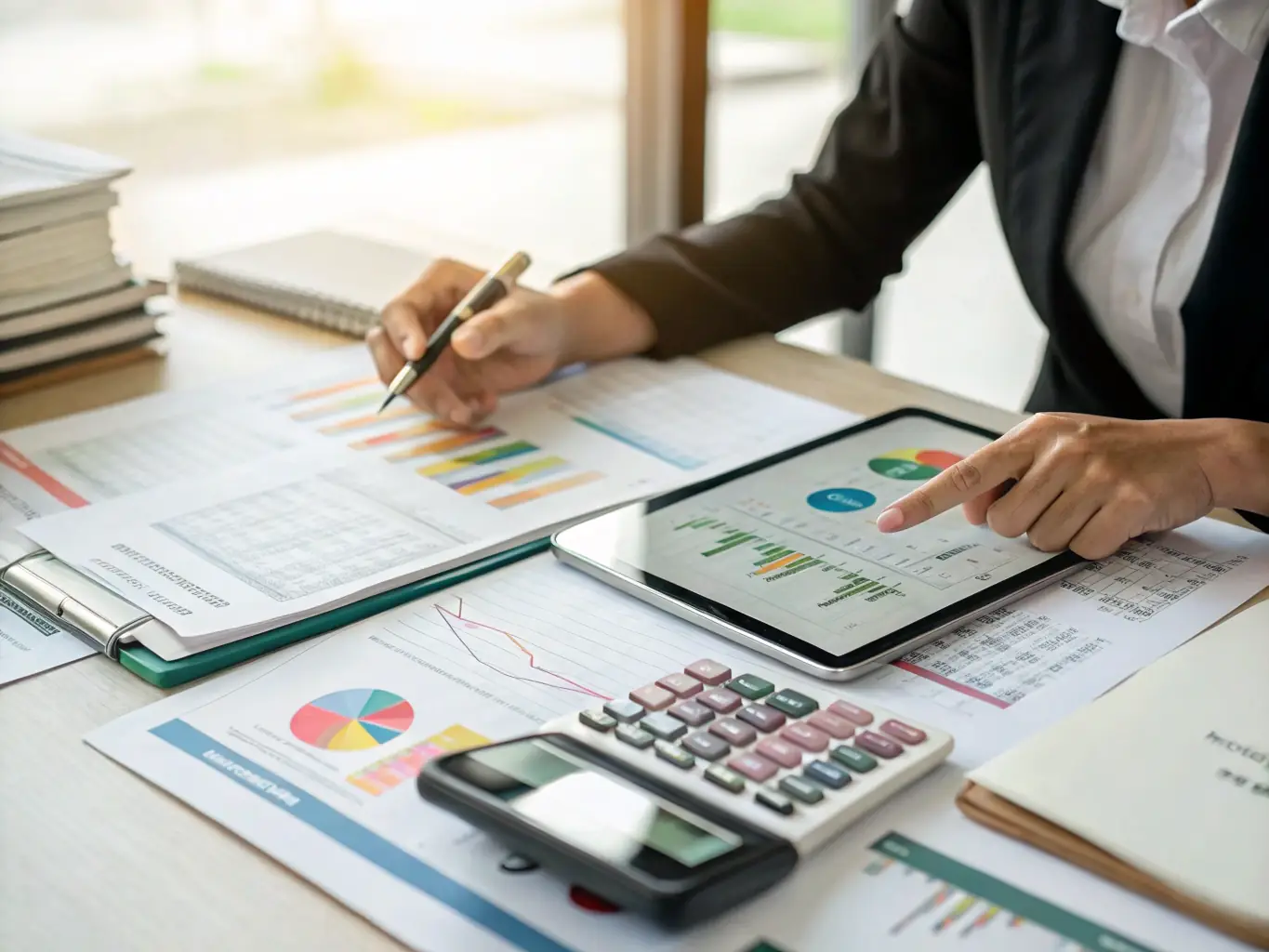 A tax advisor reviewing financial documents with a calculator and tax forms, in a well-lit office.