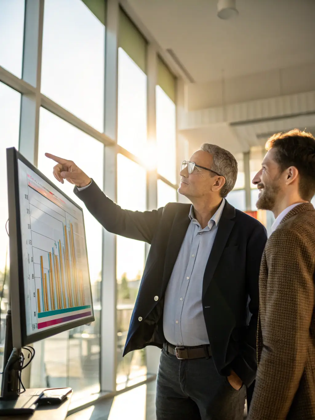 A financial advisor presenting a growth chart to a business owner, illustrating Ledgerly's focus on strategic financial advisory.