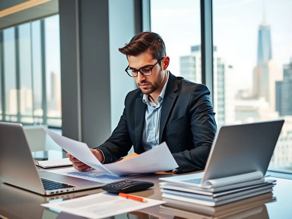 An accountant working with financial documents and a computer screen displaying financial data, in a modern office setting.