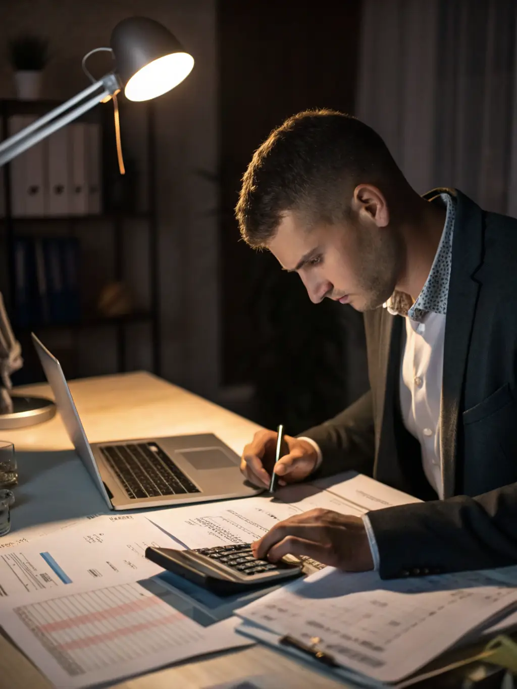 A professional accountant reviewing financial statements in a modern office setting, representing Ledgerly's commitment to accuracy and compliance.
