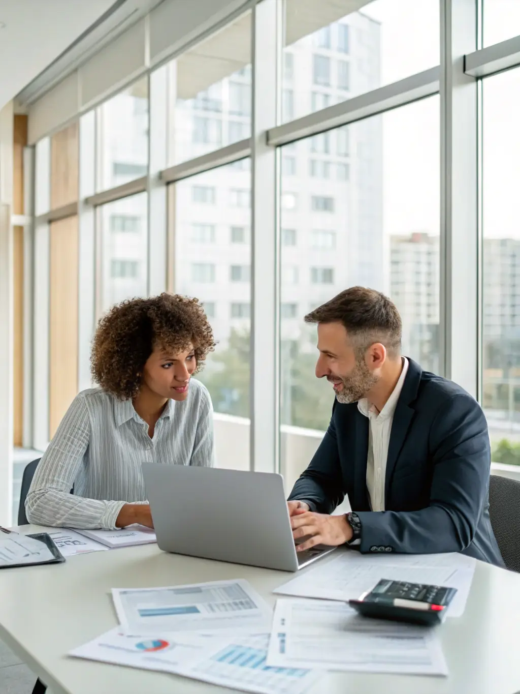 A tax advisor discussing tax strategies with a client in a well-lit office, symbolizing Ledgerly's proactive approach to tax planning.